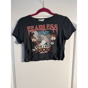 Ruby & Lace Graphic Crop Top S Black NWOT Fearless Tour Distressed Slashed Rock